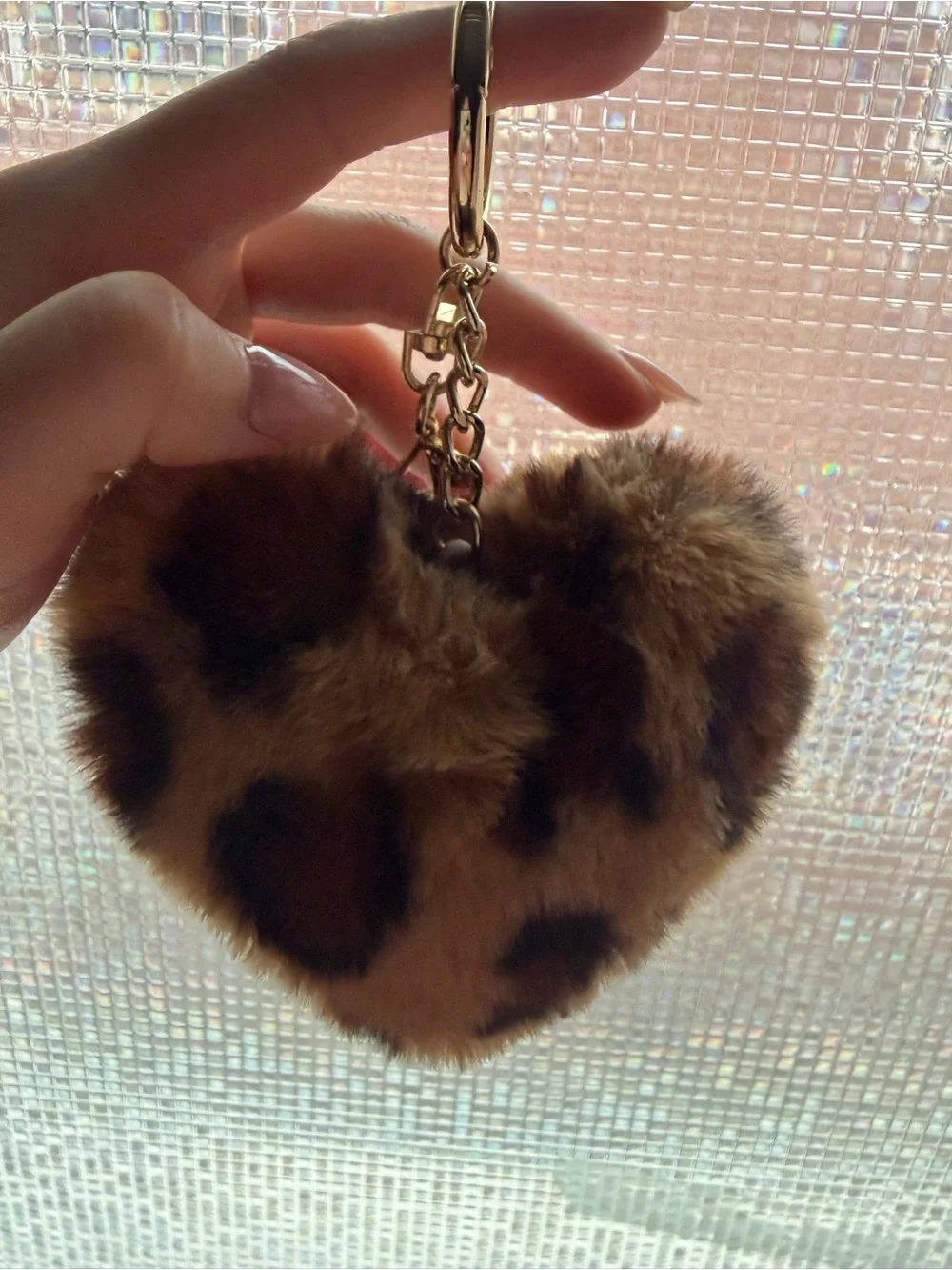 Faux Fur Leopard Heart Keychain - Brown